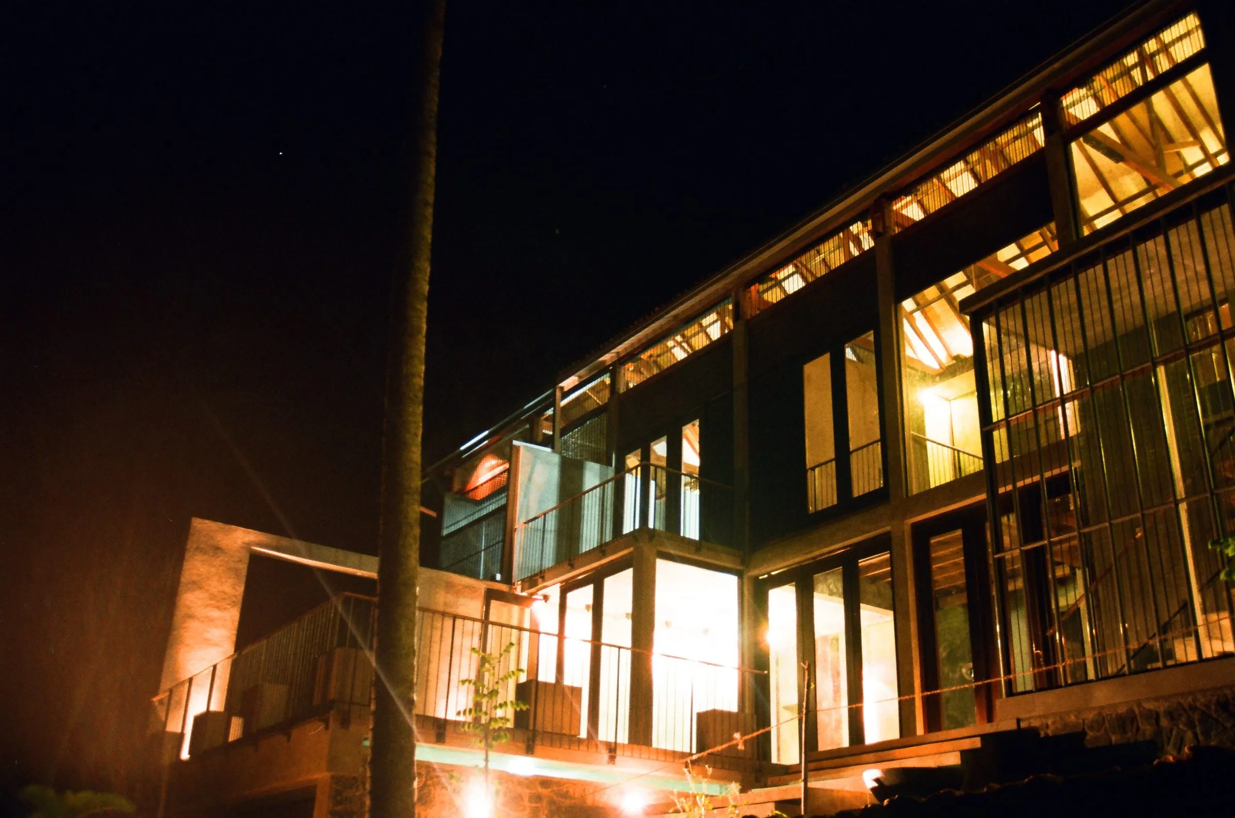 The house at night, with lit glazing and balconies, and a coconut palm in the foreground.