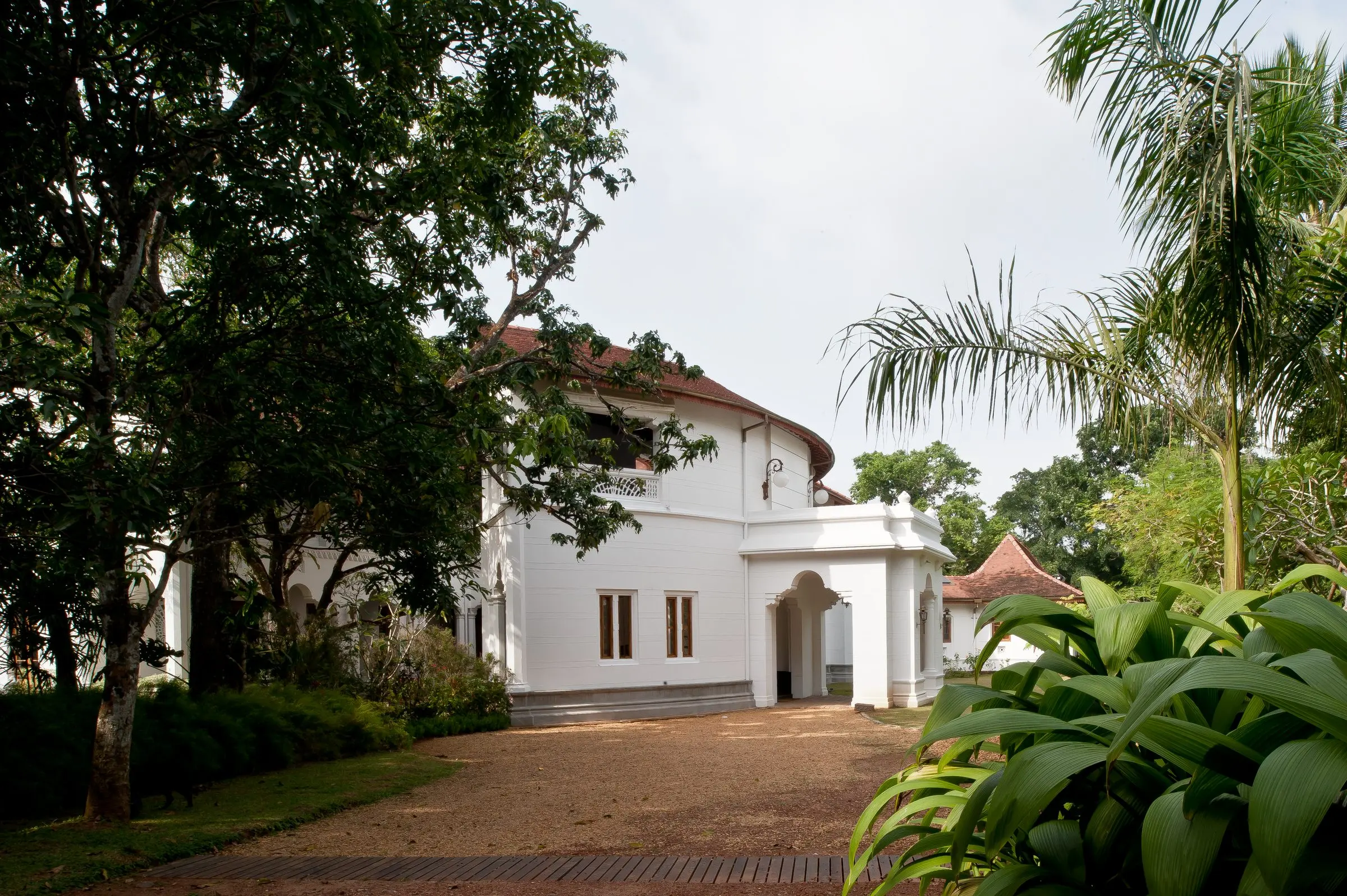 The house from the drive, with an arched porch and tropical planting.