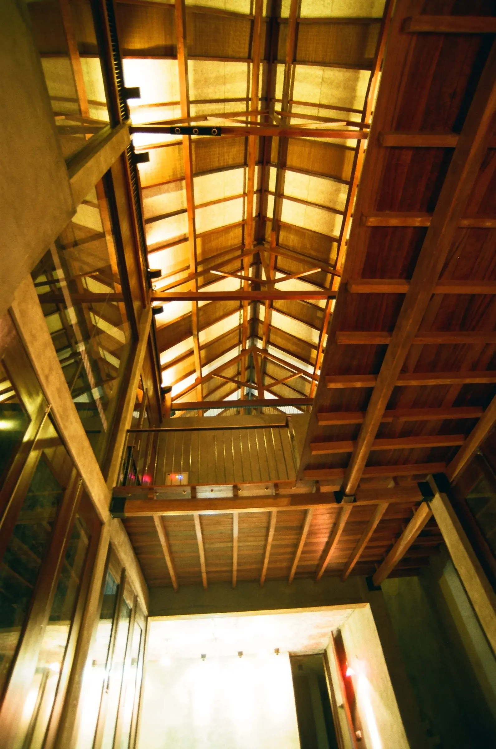 Looking up through the house to the roof, beside tall glazing.