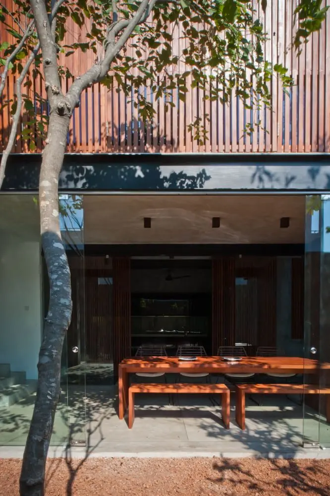 A tree in a courtyard in front of a glazed dining space, under a slatted upper floor.