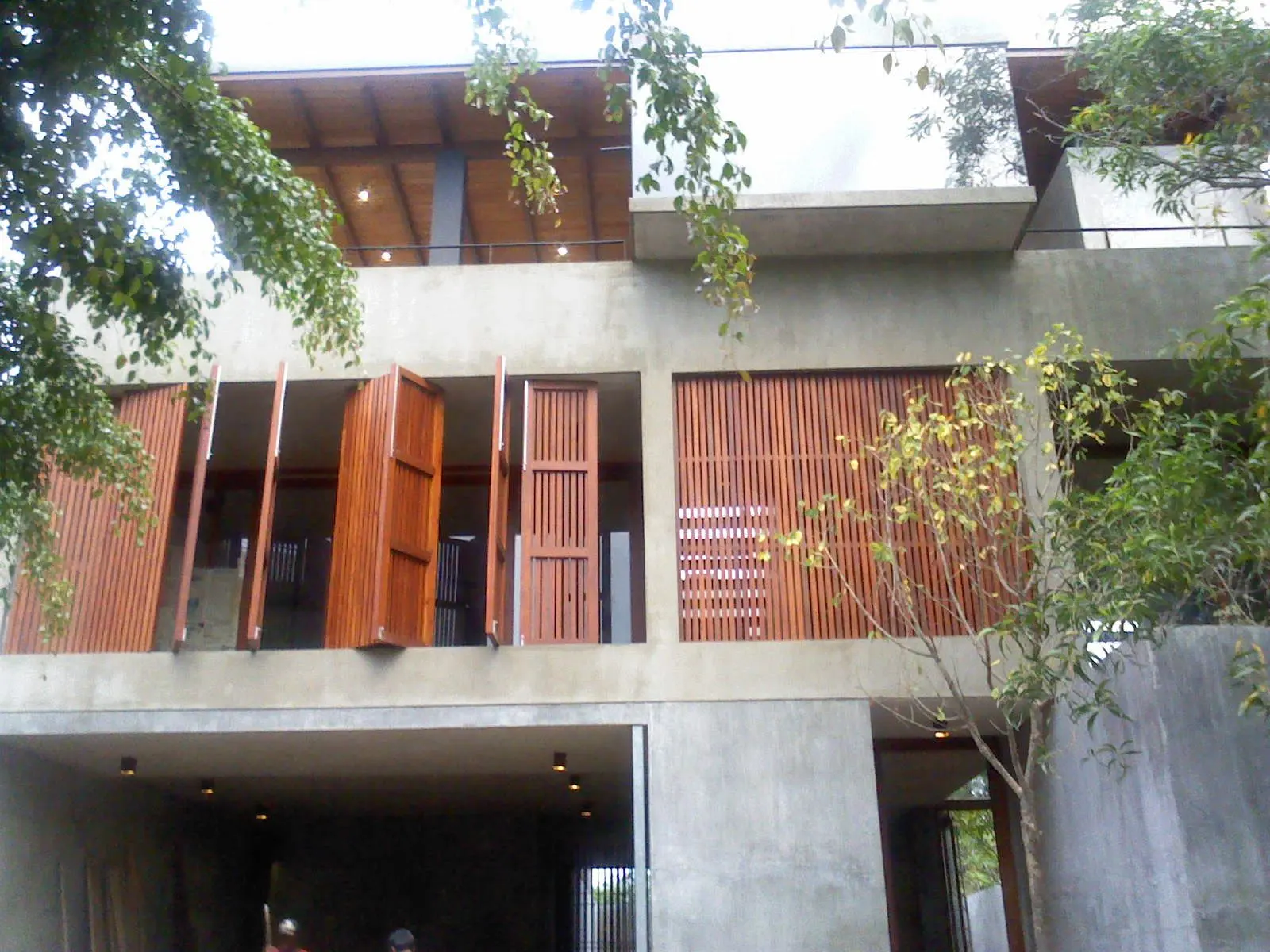 The facade with tall shutters, seen through the leaves of a tree, with the roof pavilion above.