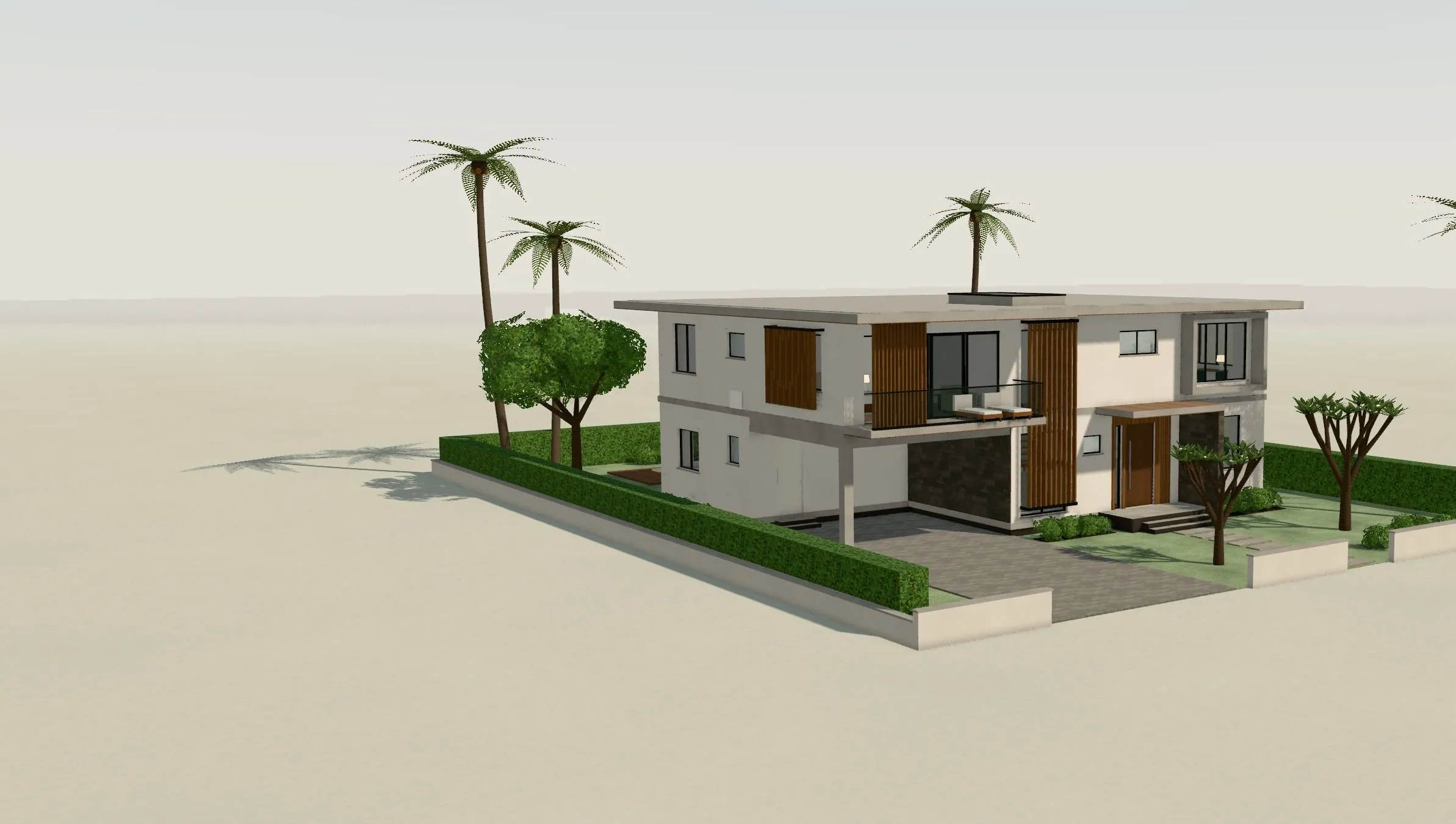 Castle Residence 01: a two-storey contemporary residence with deep roof overhangs, timber screens, stone walls and a carport beneath the master balcony, seen from the front corner.